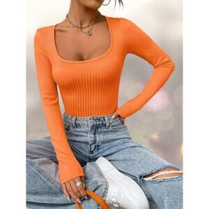 Top‎ Women XXL Long Sleeve Square Neck Orange Knit T-Shirt
